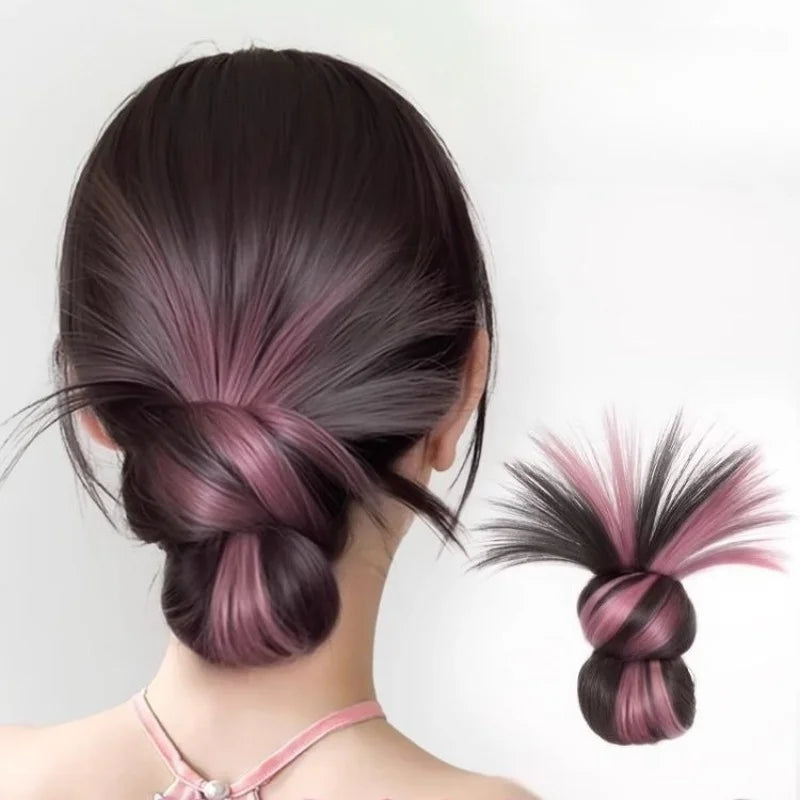 Synthetic Half-Tie Hair Bun Claw Clip Floral Accents Pink Black Clip-On Hair Bun PLUSH Pink Black 1Pc