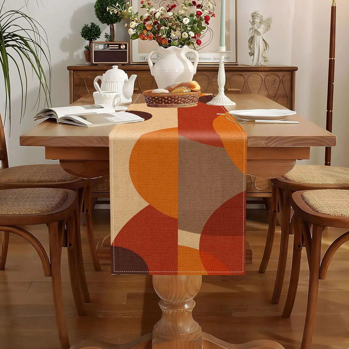 Vintage Geometric Color Block Table Runner – Brown & Orange Table Runner PLUSH