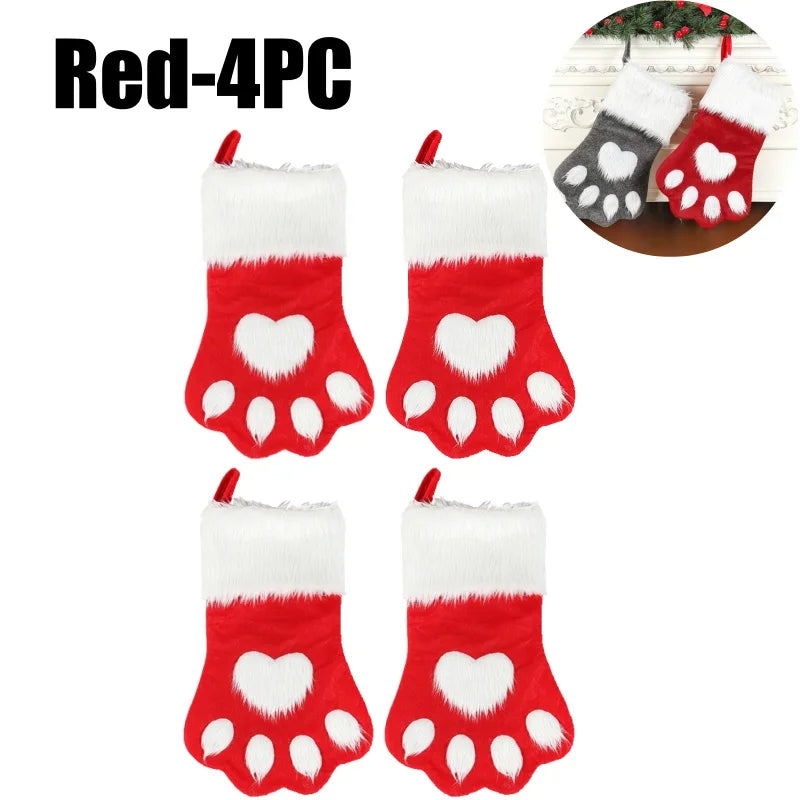 Dog Paw Christmas Stockings – Fuzzy Red Velvet Holiday Set Christmas Stocking Set PLUSH Red-4PC 44x22cm