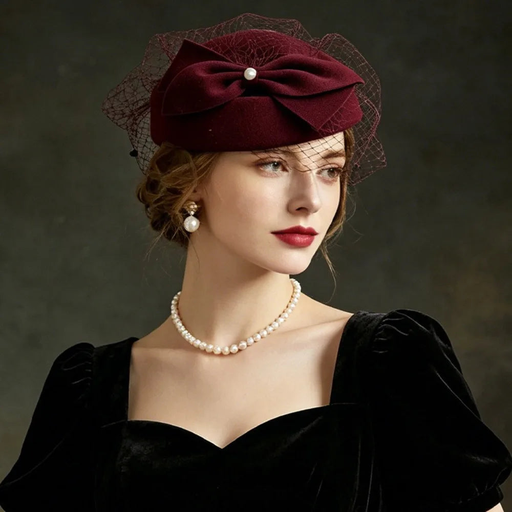 Women's Elegant Pearl Bow Fedora Top Hat | Party & Fashion Women's Fashion Hat PLUSH Dark Red