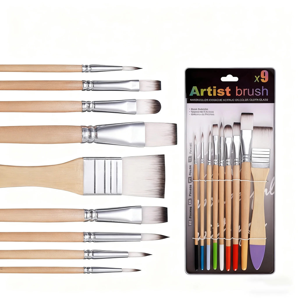 9-Piece Nylon Paint Brush Set – Watercolor Acrylic Oil Canvas Paint Brush Set PLUSH