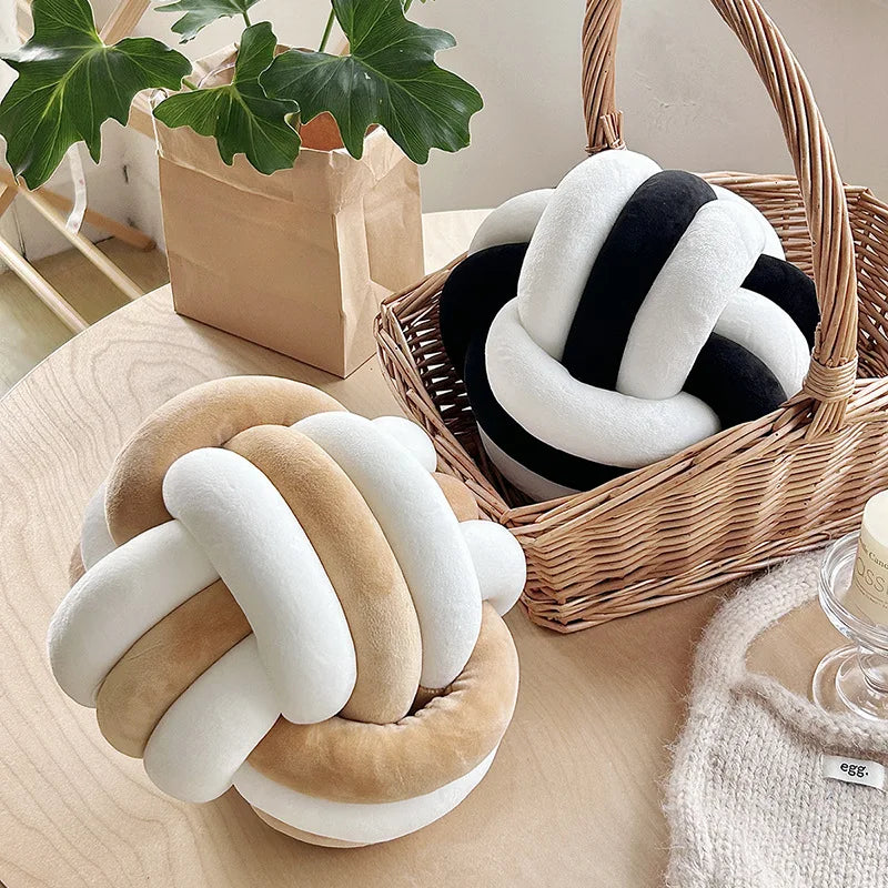 Handmade Dual-Tone Knotted Ball Pillow – Soft Fluffy Cushion Decorative Cushion PLUSH
