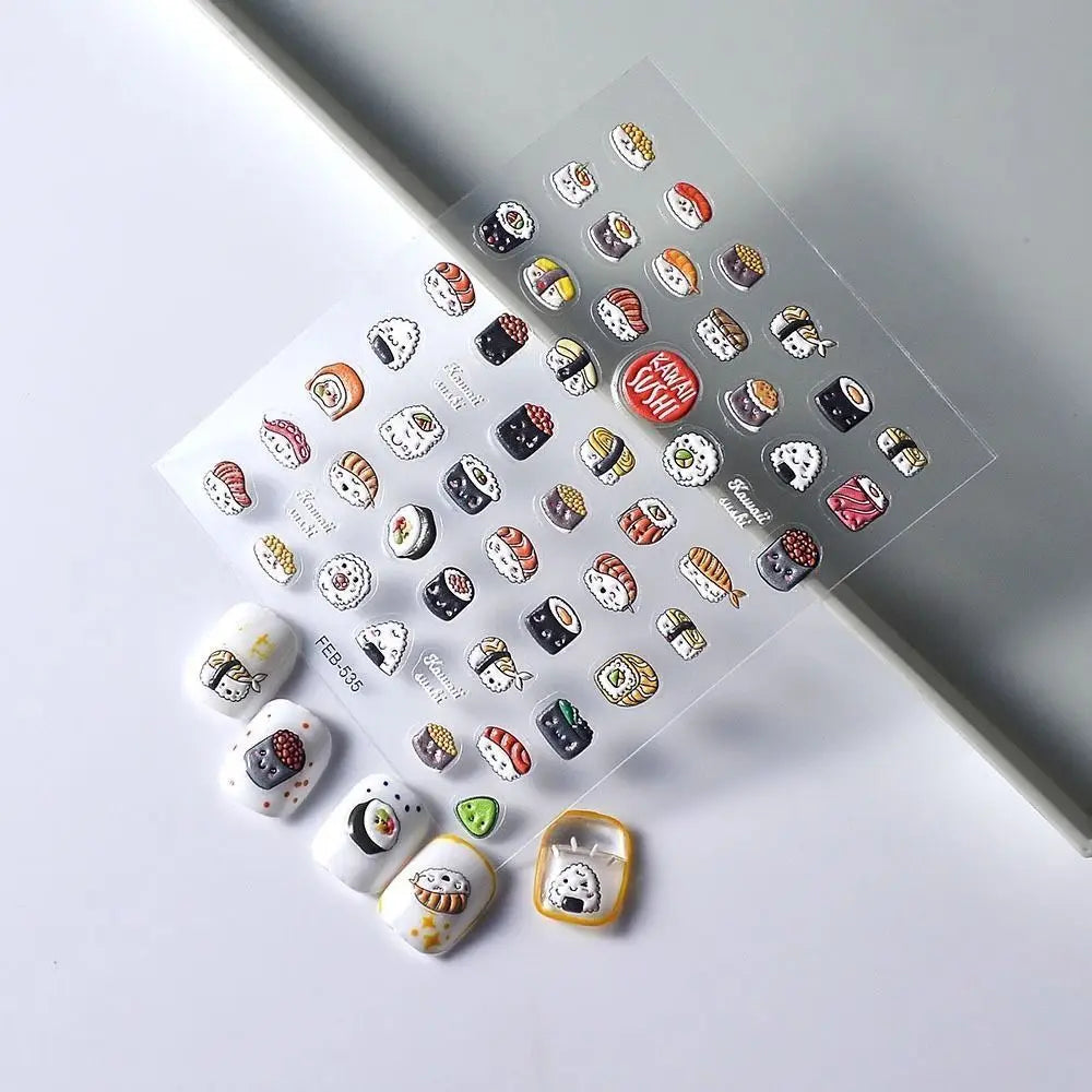 Cute Sushi 3D Embossed Nail Stickers – Waterproof DIY Nail Art 3D Nail Stickers PLUSH