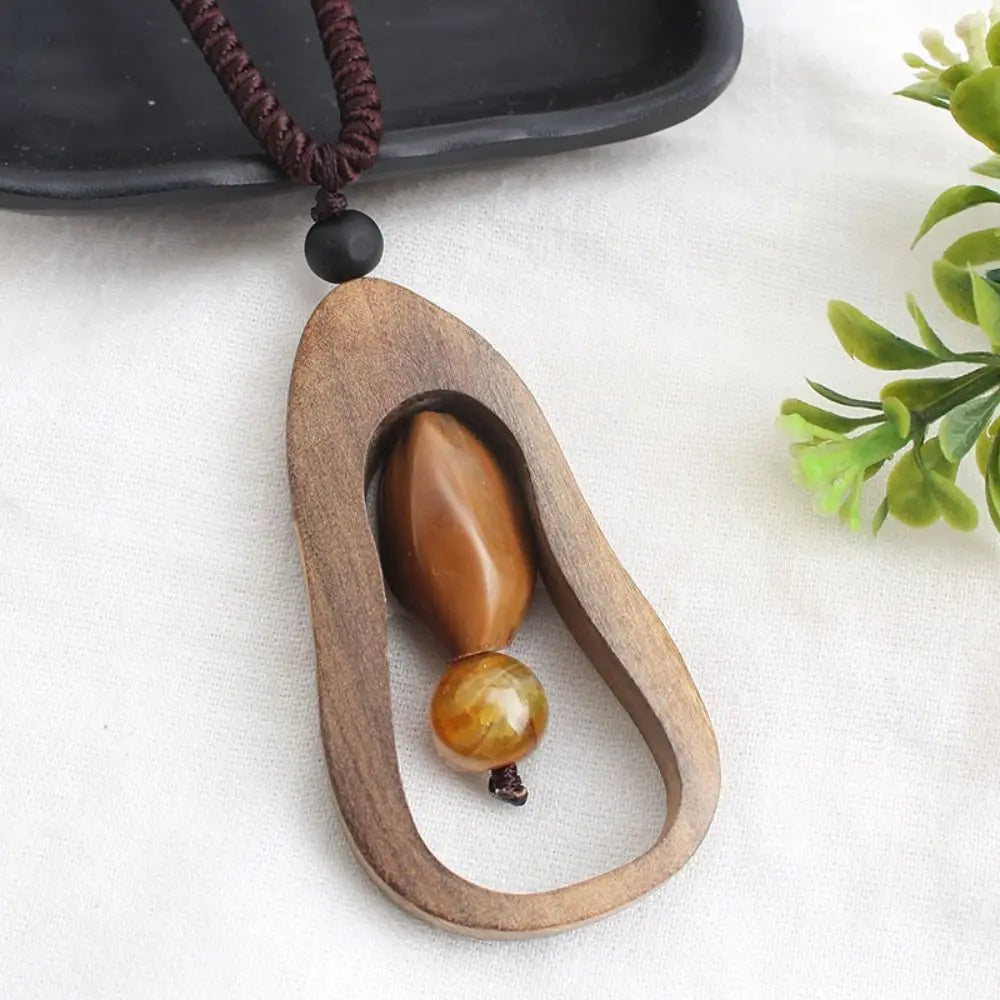 Boho Ethnic Stone Pendant Long Wooden Bead Sweater Necklace Boho Pendant Necklace PLUSH J