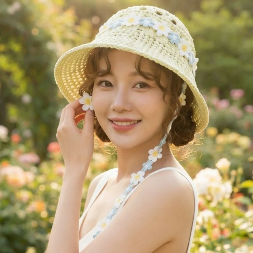 Women's Large Brim Straw Hat – Floral Lace Trim Beach Sun Hat Women's Sun Hat PLUSH