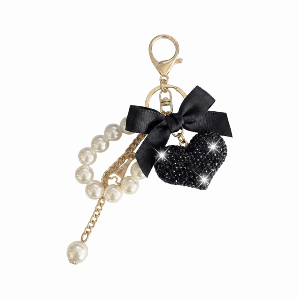Pearl Bowknot Heart Keychain – Handmade Alloy Bag Charm Bag Charm Keychain PLUSH Black