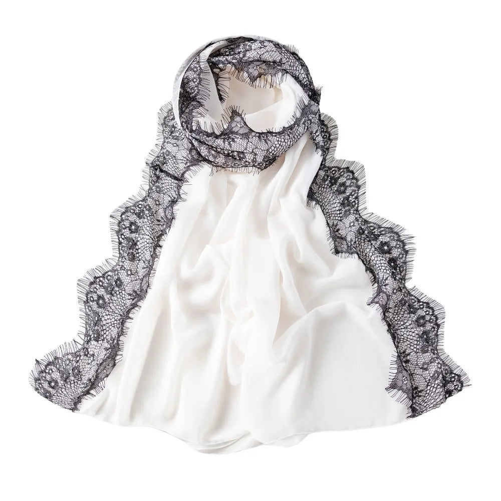 Women's Chiffon Hijab Scarf – Soft Lace Trim Long Shawl Wrap Hijab Head Scarf PLUSH White Black