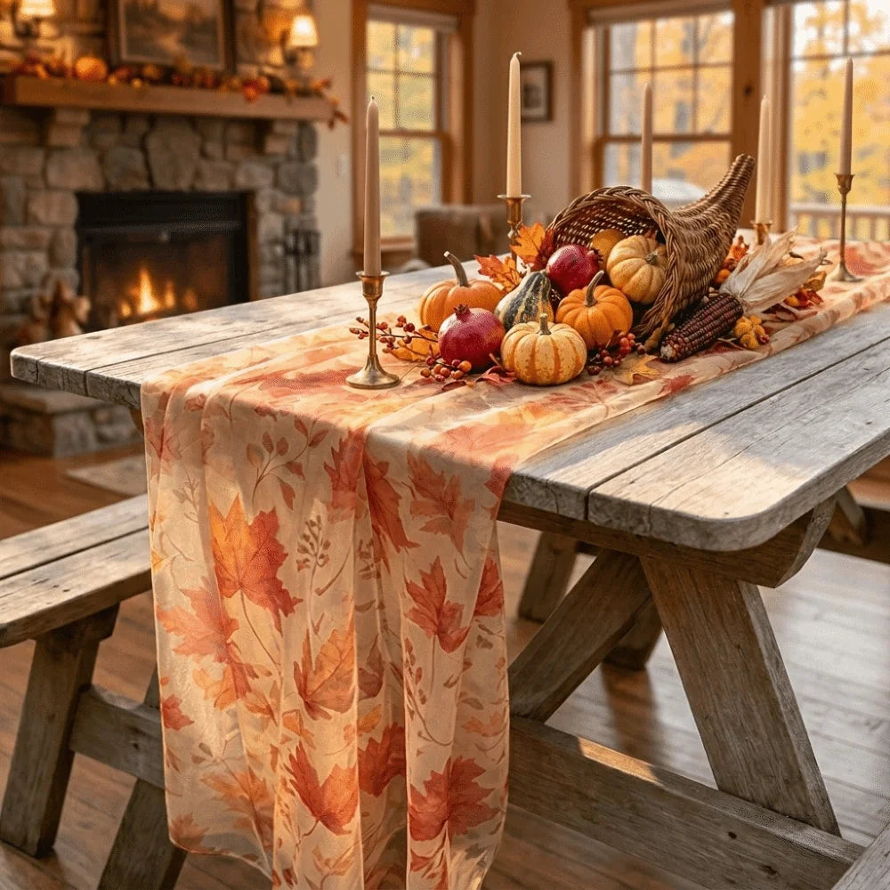 Maple Leaf Tulle Table Runner – Sheer Fall Farmhouse Decor Table Runner PLUSH