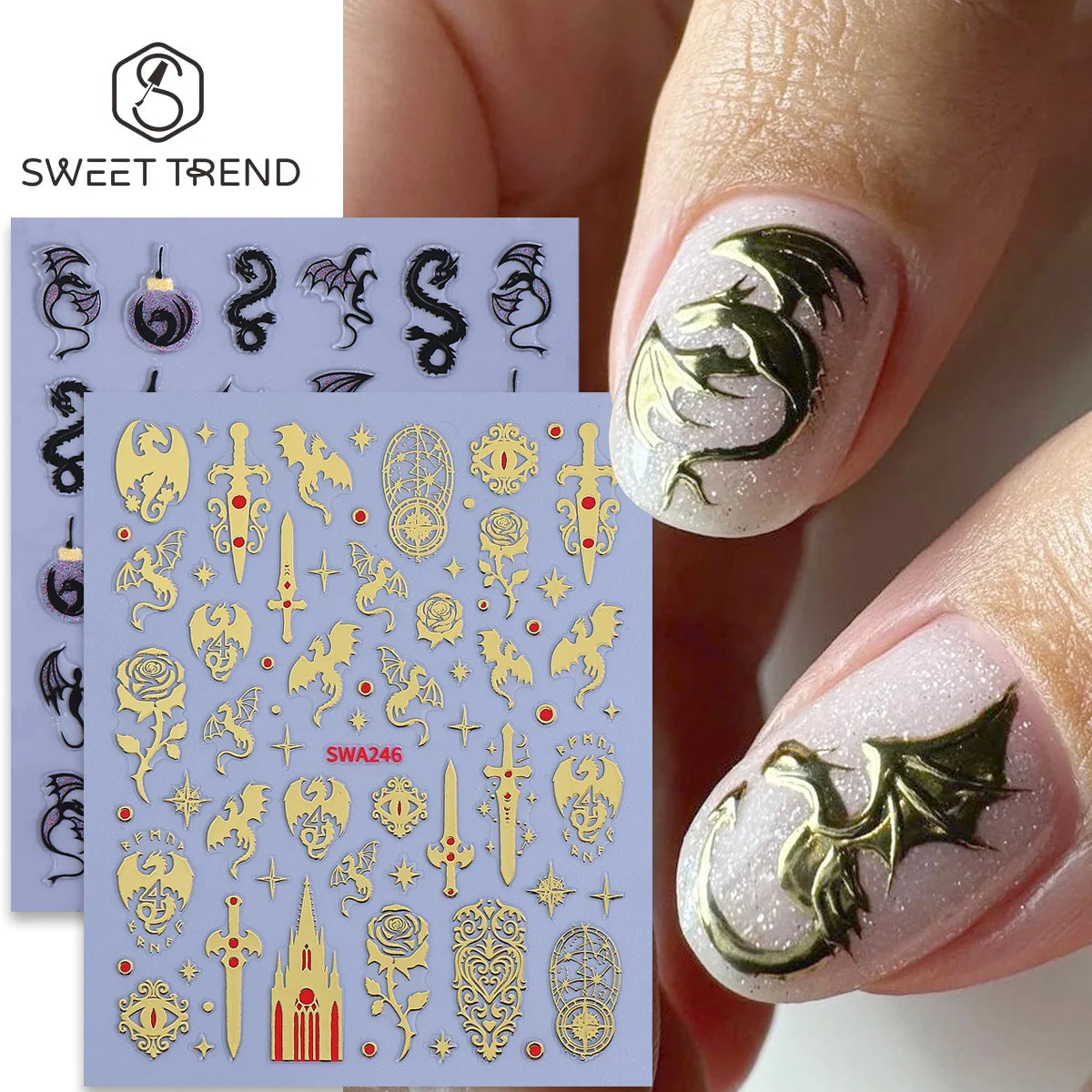 Gothic Dragon 3D Nail Decals – Dark Fantasy Bronzing Stickers 2pk Nail Art Stickers PLUSH