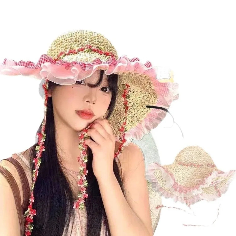 Women's Large Brim Straw Hat – Floral Lace Trim Beach Sun Hat Women's Sun Hat PLUSH