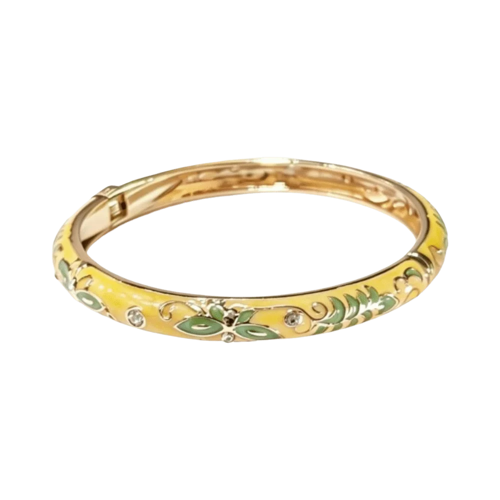Vintage Cloisonne Enamel Bangle – Floral Butterfly Open Cuff Enamel Cuff Bangle PLUSH Yellow