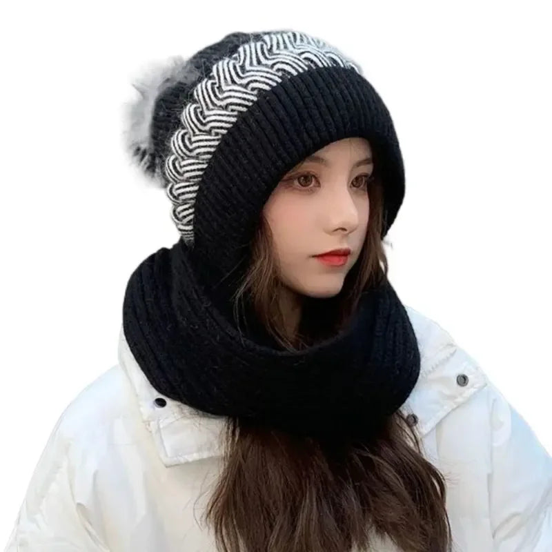Women's Fleece Knit Hat & Scarf Set – Windproof Winter Winter Hat Scarf Set PLUSH Black Hat 1PC