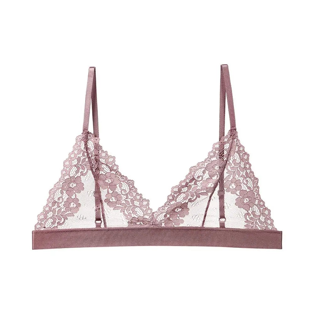 Women's Wire-Free Floral Lace Bralette – Triangle Cup Bra Lace Bralette PLUSH pink-L