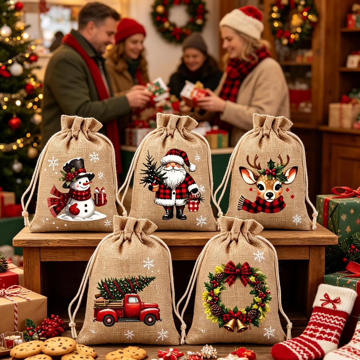 5pcs Christmas Burlap Drawstring Gift Bags | DIY Craft Pouches Drawstring Gift Bags PLUSH 15x10cm
