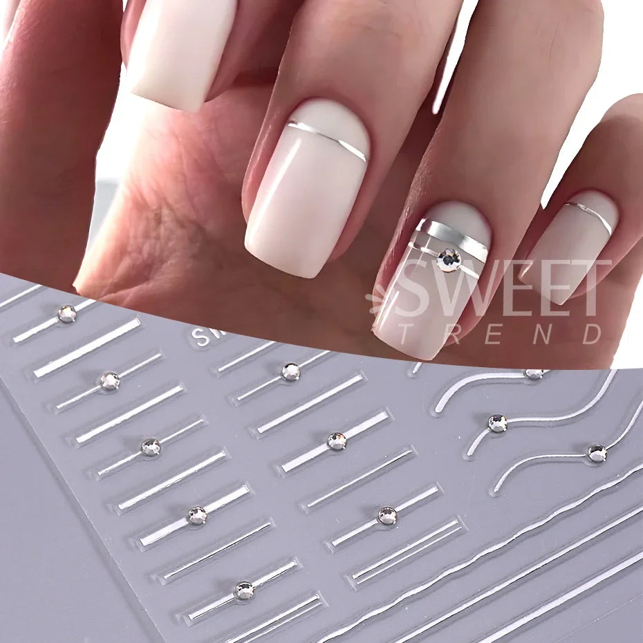 French Line Nail Stickers with Rhinestones Gold Silver 2/3pcs Nail Art Stickers PLUSH