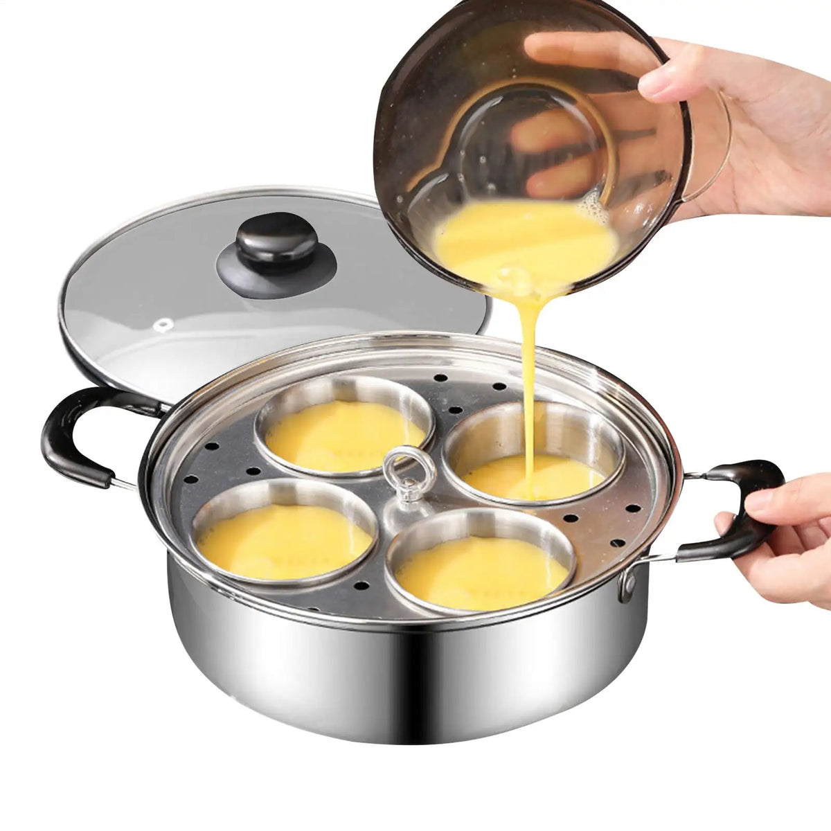 Stainless Steel Egg Poacher Steamer 4-Cup Cooker Pot – Red Egg Poacher Steamer PLUSH