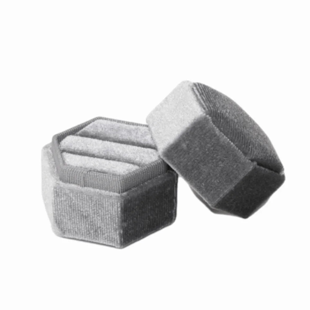 Velvet Hexagon Ring Box – Double Slot Jewelry Display Case Ring Display Box PLUSH Grey