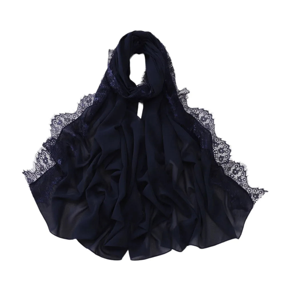 Women's Chiffon Hijab Scarf – Soft Lace Trim Long Shawl Wrap Hijab Head Scarf PLUSH Navy Blue