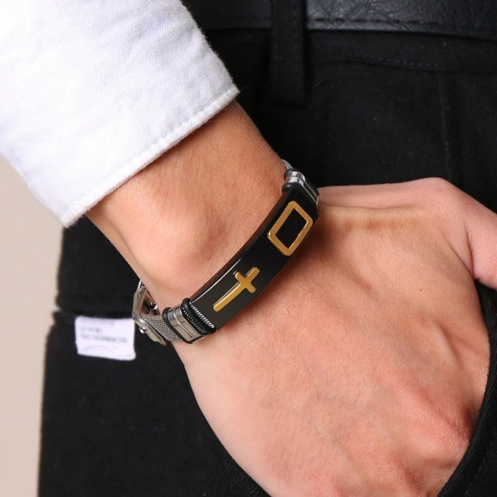 Stainless Steel Cross Bangle – Adjustable Religious Bracelet Religious Bangle Bracelet PLUSH