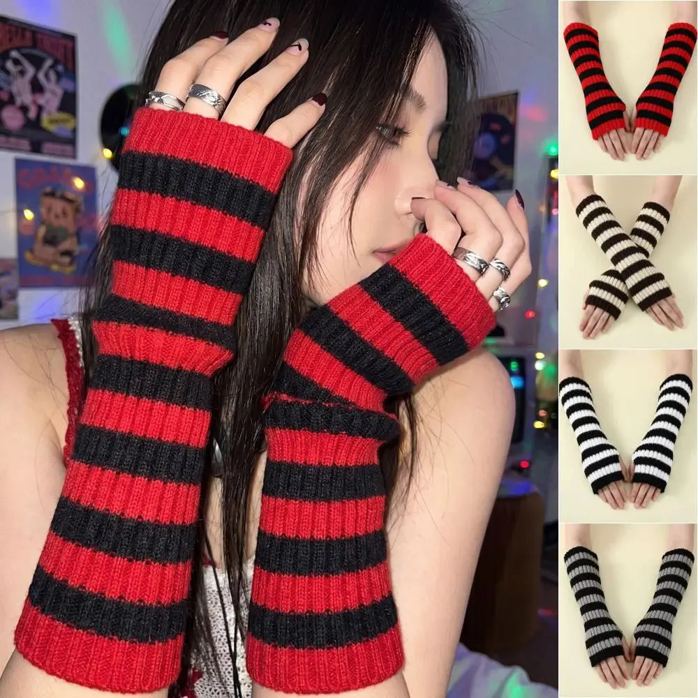 Y2K Striped Fingerless Arm Warmers – Long Knit Arm Sleeves Fingerless Arm Warmers PLUSH