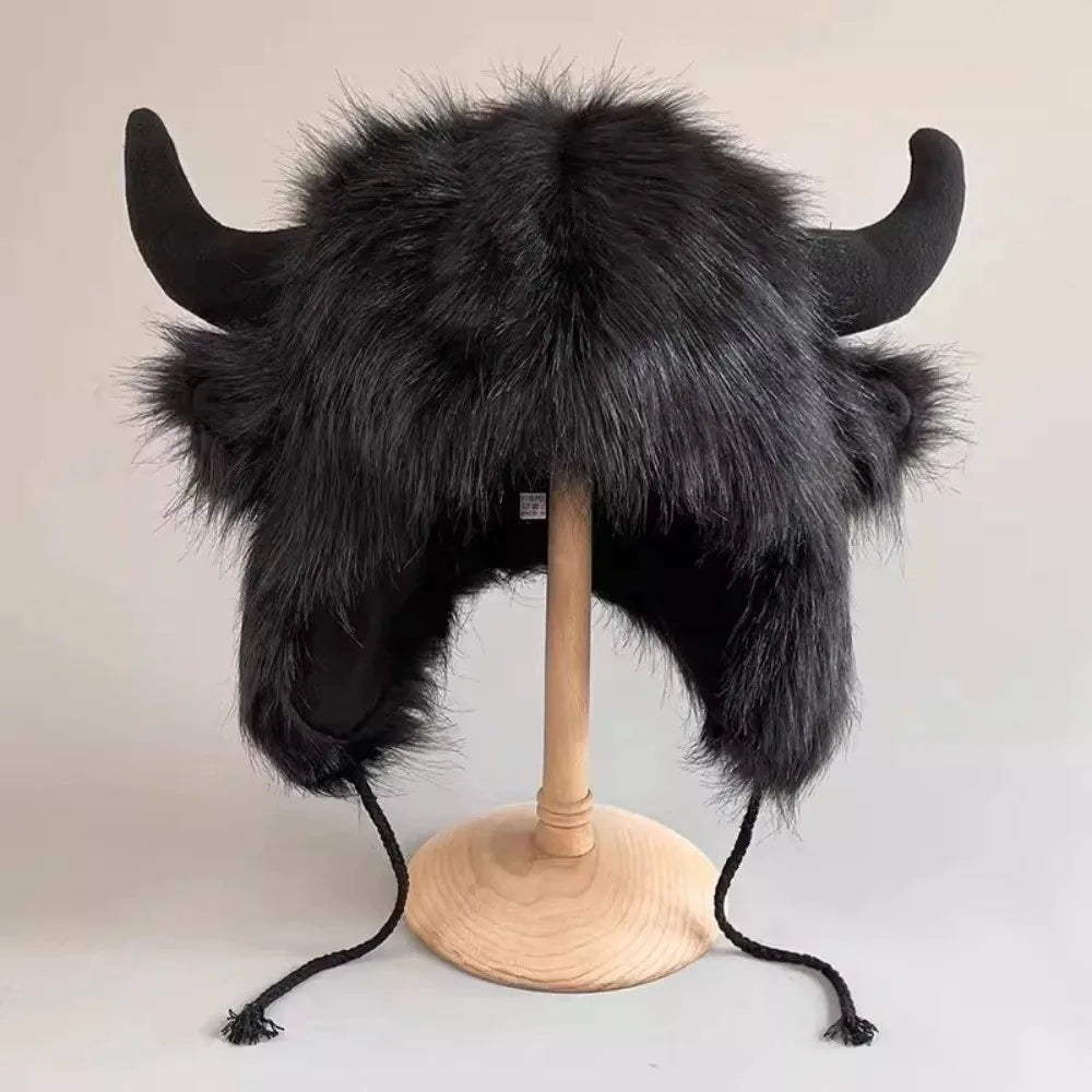 Vintage Ox Horn Lei Feng Cap – Fluffy Fur Trim Thermal Hat Winter Ear Flap Hat PLUSH