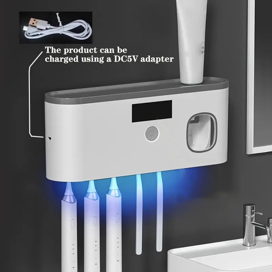 Wall-Mounted Toothbrush Holder UV Sterilizer & Dispenser 5 Slots Toothbrush Holder PLUSH