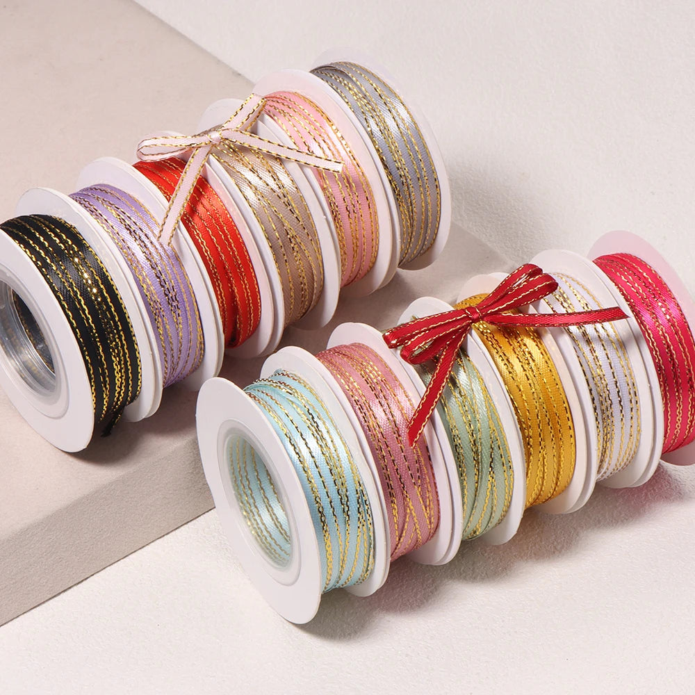 18m Gold Edge Double Face Satin Ribbon 3mm | Gift & Cake Decor Satin Craft Ribbon PLUSH