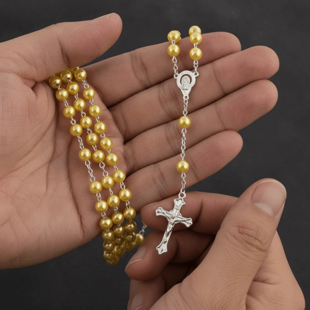 Vintage Cross Pendant Necklace | Faux Pearl Glass Bead Rosary Pendant Necklace PLUSH