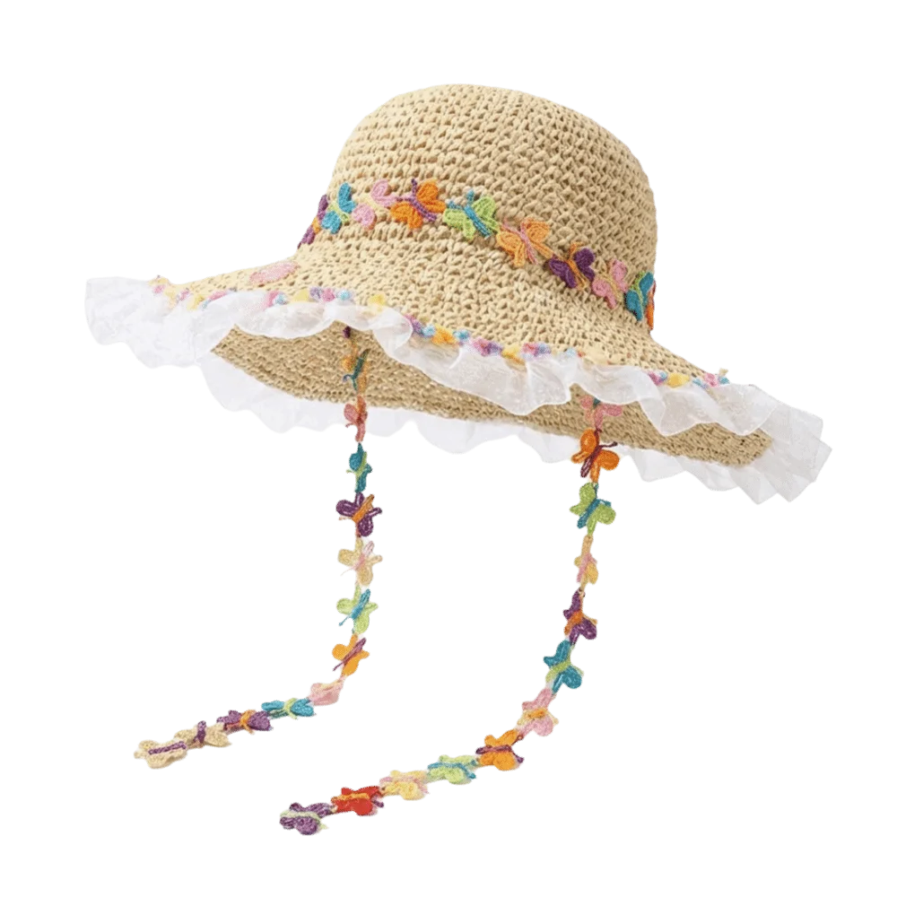 Women's Large Brim Straw Hat – Floral Lace Trim Beach Sun Hat Women's Sun Hat PLUSH Style B