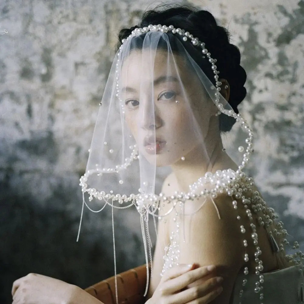 Vintage Pearl Bead Short Bridal Veil – White Tulle Wedding Headpiece Bridal Veil PLUSH