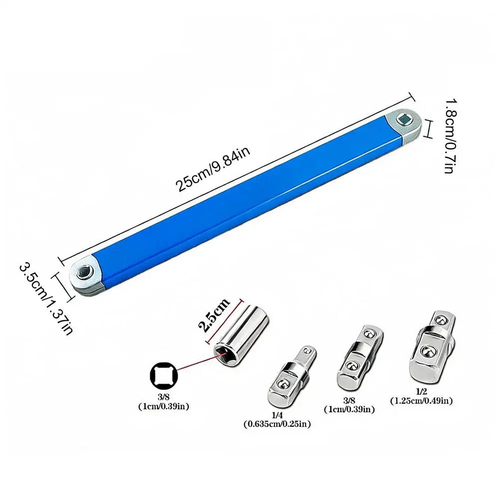 3/8" Heavy-Duty Ratchet Extension Wrench with 4 Adapters Ratchet Extension Wrench PLUSH Short style Blue