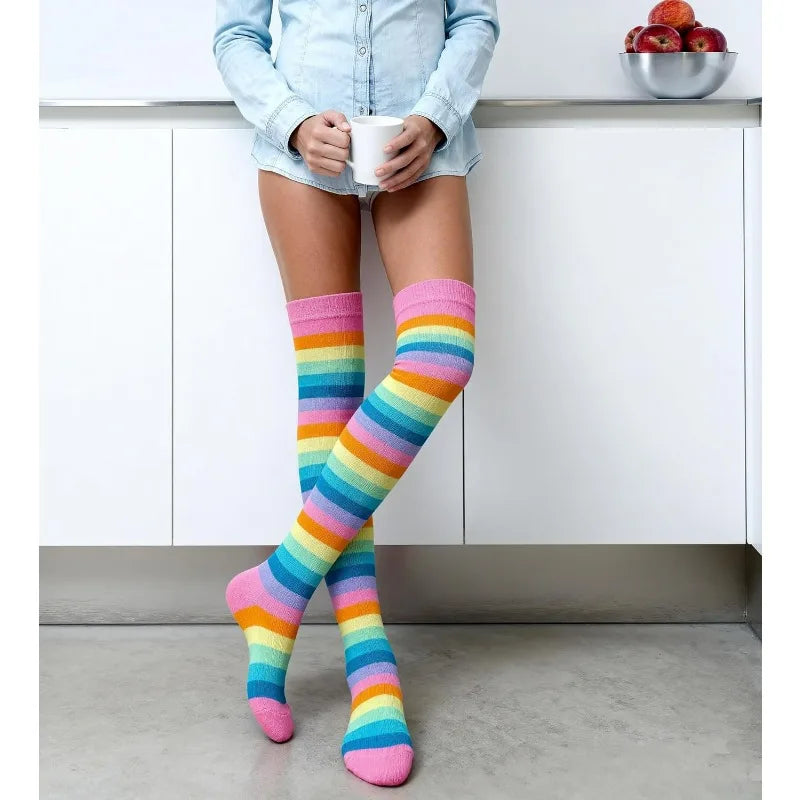 Rainbow Striped Thigh High Socks – Over Knee Stockings Thigh High Socks PLUSH