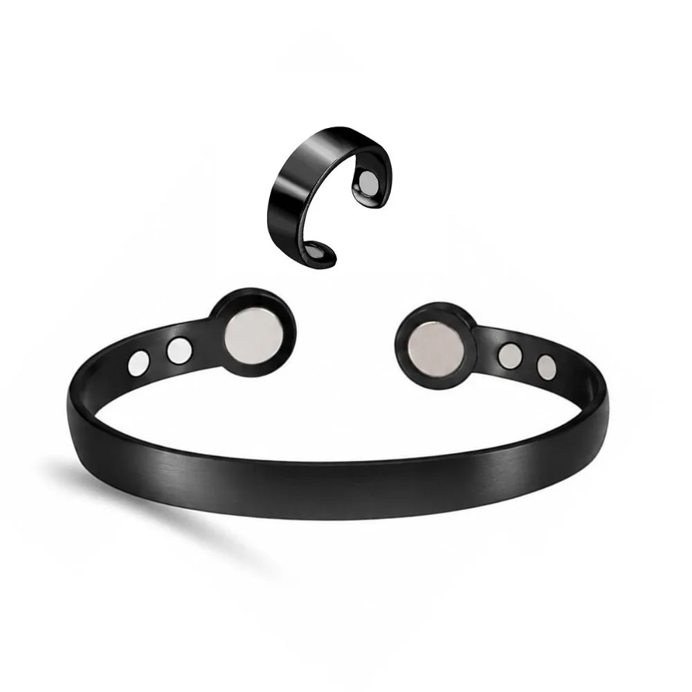 Retro Magnetic Cuff Bracelet & Ring Set – Unisex Alloy Bangle Cuff Bracelet Set PLUSH Black Bangles Ring