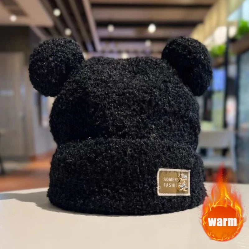 Women's Bear Ear Knitted Beanie – Plush Lined Slouchy Winter Hat Knitted Winter Beanie PLUSH Black 4PCS