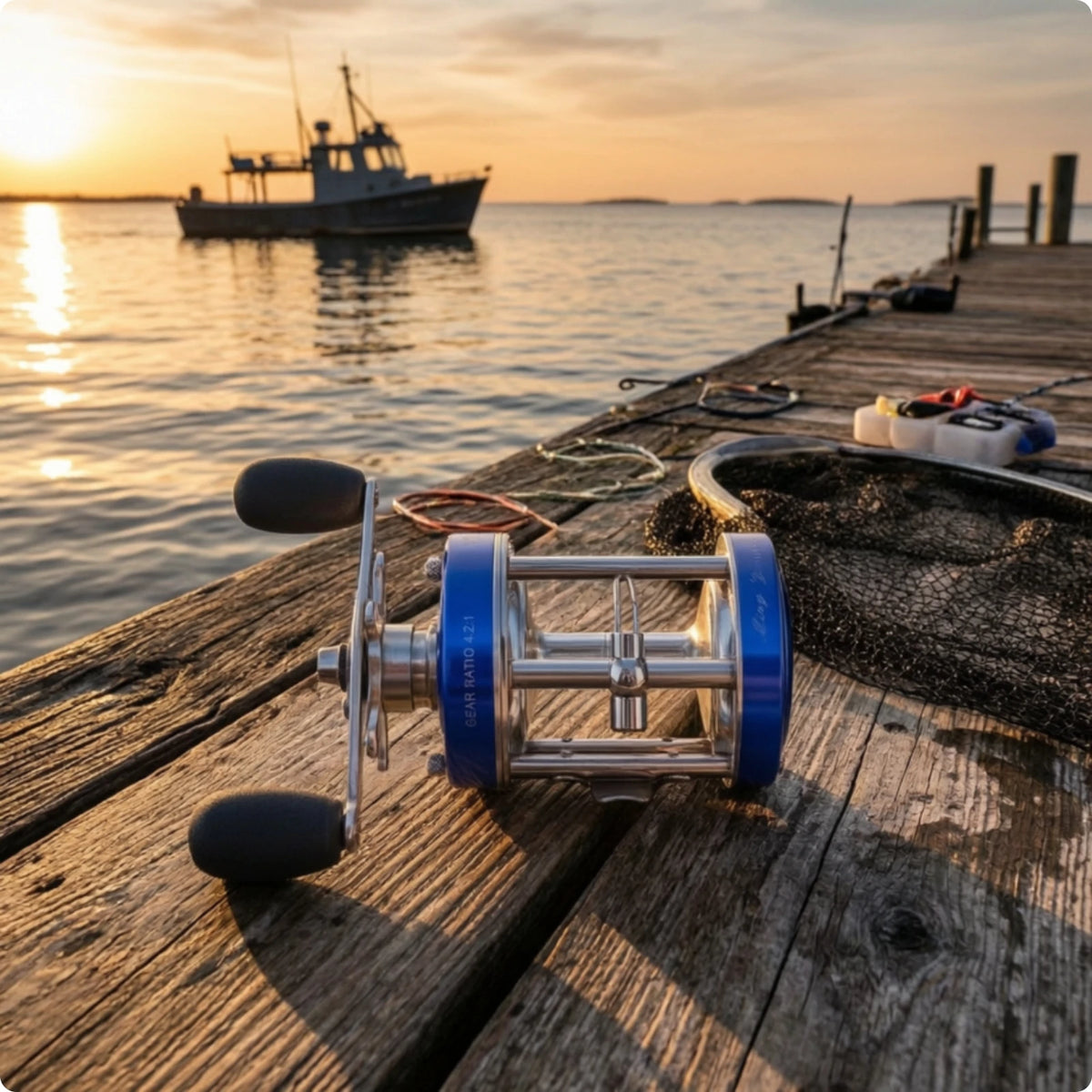 Round Baitcasting Reel – Aluminum Drum Baitcaster | Boat Fishing Baitcasting Fishing Reel PLUSH Cl50 Right Hand Blue