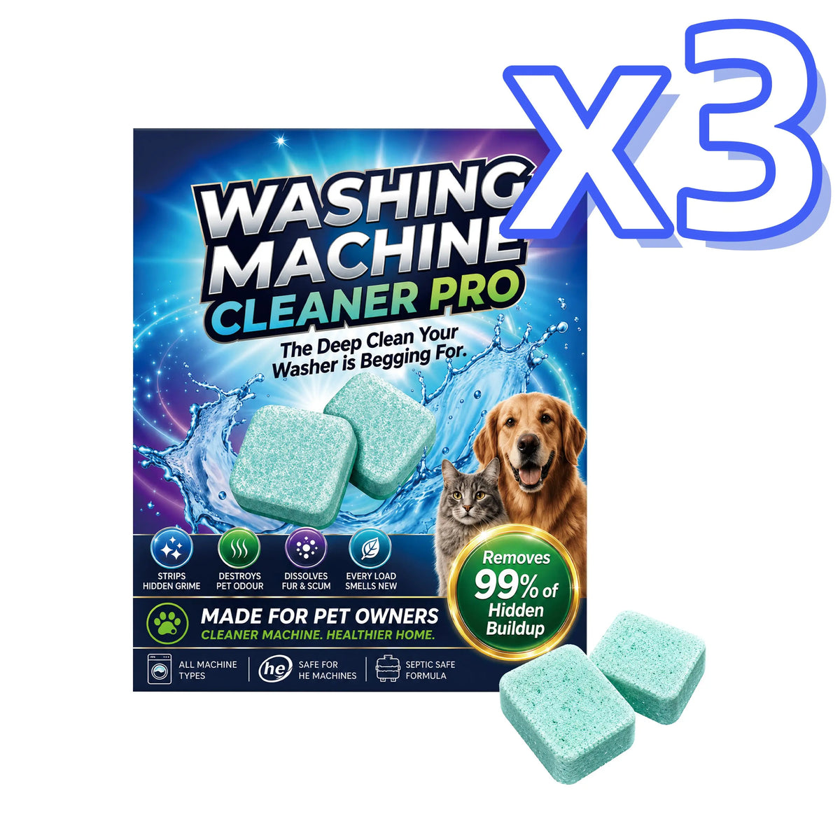 Washing Machine Cleaner Tablets for Pet Owners – 12 Pack Washer Cleaner Tablets PLUSH 12pack in boxed x 3
