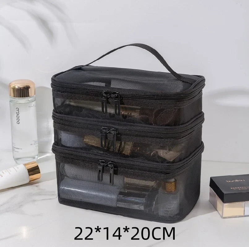 Travel Mesh Makeup Organizer Bag | Cosmetics Storage Box Makeup Organizer Bag PLUSH Three layer bag 1
