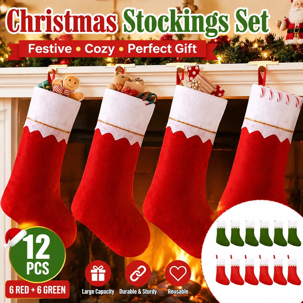 Red Plaid Christmas Stockings Set – Rustic Fireplace Décor Christmas Stockings Set PLUSH