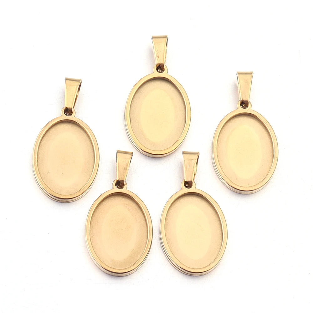 Stainless Steel Oval Bezel Pendant Trays | Cabochon Setting 2-5pcs Pendant Bezel Tray PLUSH Gold 13x18mm 5pcs