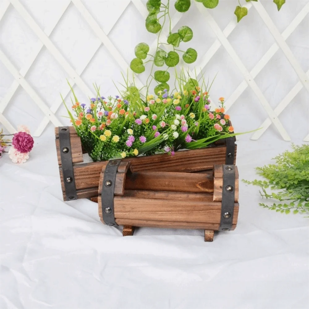 Rustic Wooden Barrel Planter Box – Farmhouse Flower Pot Wooden Barrel Planter PLUSH