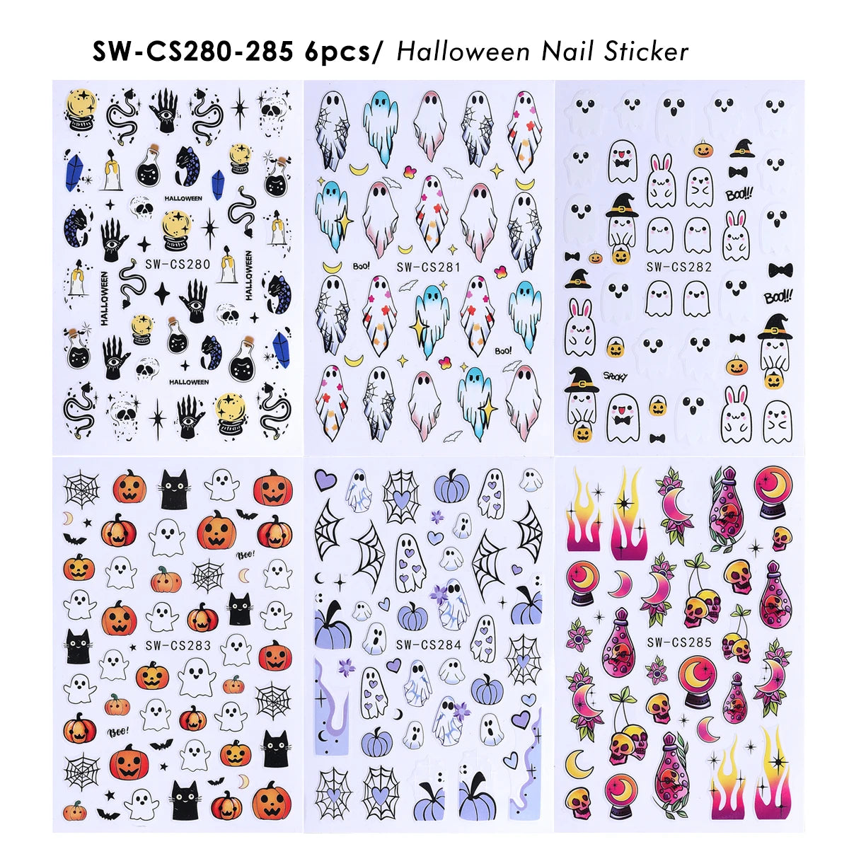 6pcs Halloween Nail Art Stickers – Pumpkin Spider Web Ghost Decals Nail Art Stickers PLUSH SW-CS280-285 6pcs
