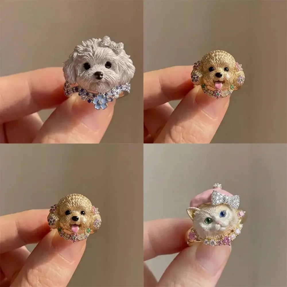 Cute Animal Head Rhinestone Adjustable Ring – Kitten & Dog Fashion Ring PLUSH