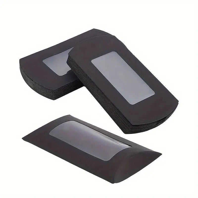 50pcs Paper Pillow Gift Boxes with Clear PVC Window | Candy & Jewelry Gift Packaging Boxes PLUSH black 50PCS