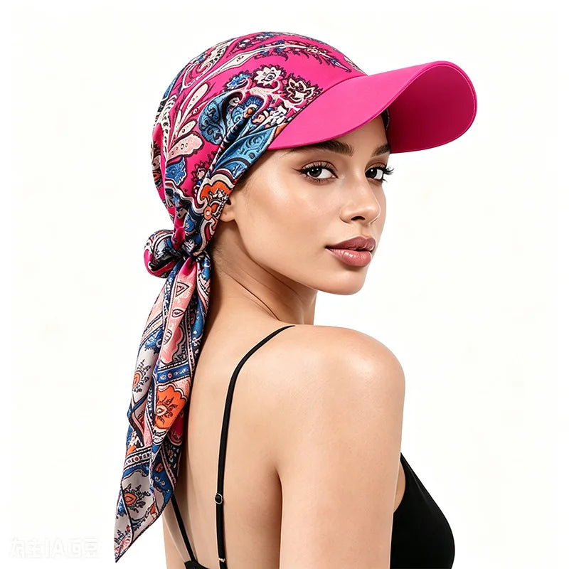Women's Bandana Visor Hat Self-Tie Headscarf Beach Cap Visor Headscarf Hat PLUSH Rose red and sapphir One Size