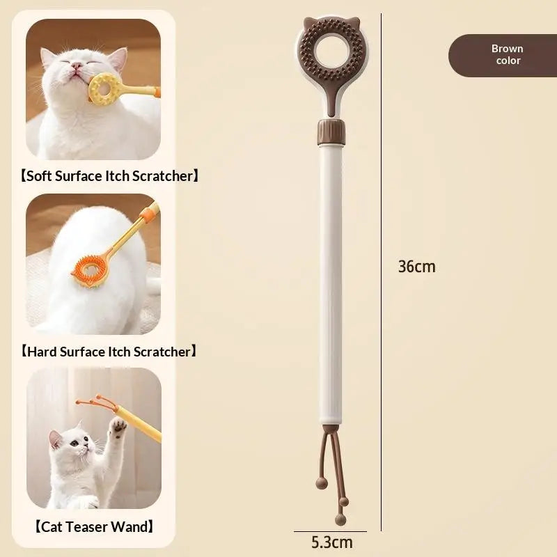 2-in-1 Retractable Cat Teaser Wand & Grooming Massager Toy Interactive Cat Toy PLUSH A2