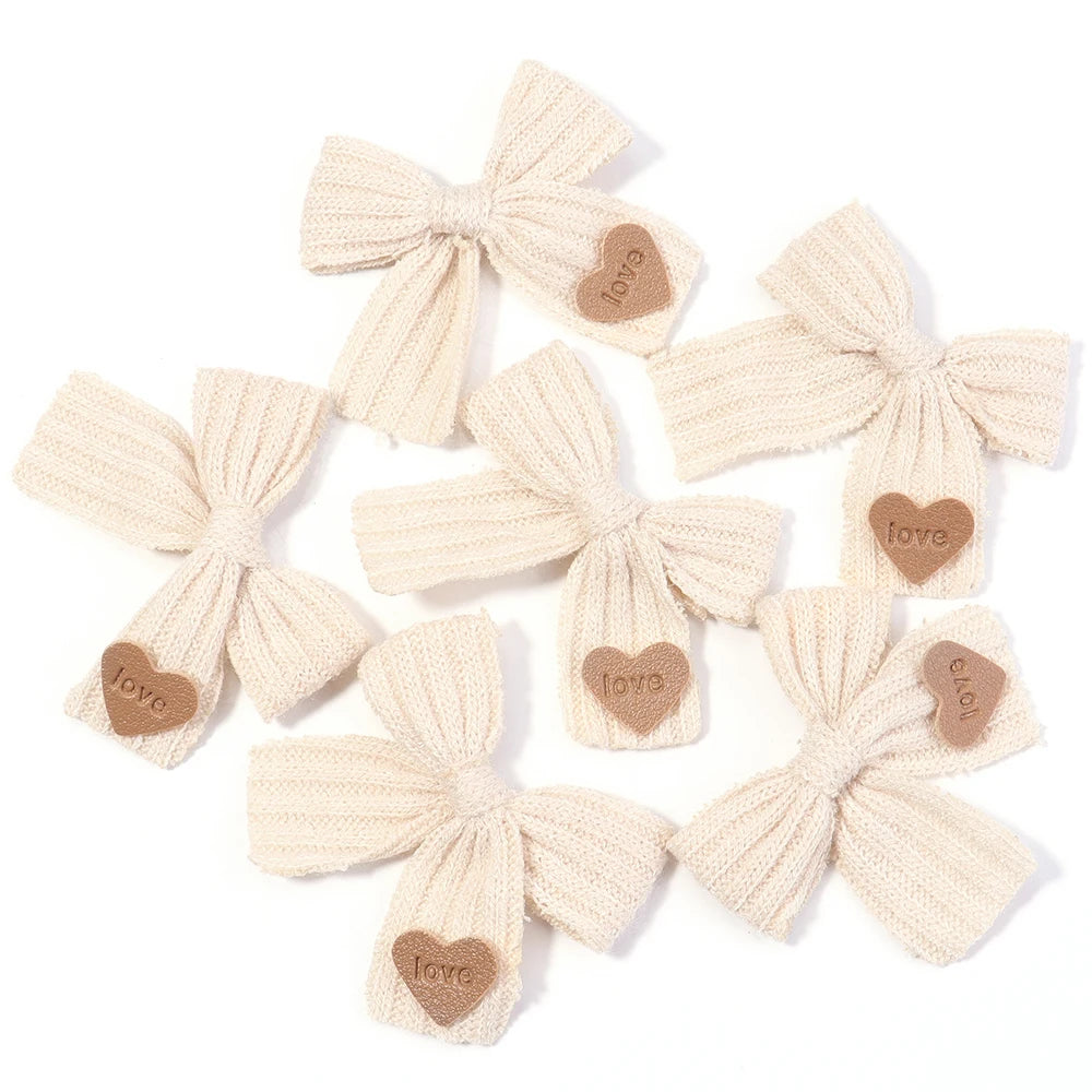 6pcs Knitted Bows Heart Tag – DIY Gift Craft Headwear Decor Craft Bow Set PLUSH beige