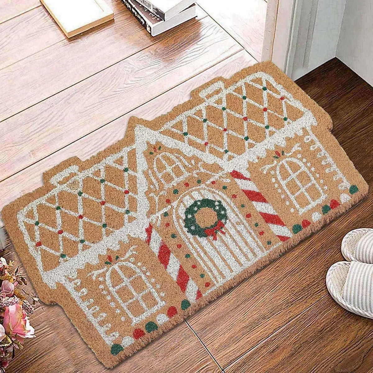 Christmas Gingerbread House Doormat – Anti-Slip Welcome Mat Holiday Door Mat PLUSH