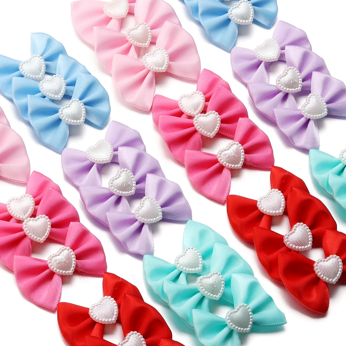 20pcs Satin Ribbon Bows with Pearl Heart – DIY Hair & Gift Decor Bow Appliques PLUSH