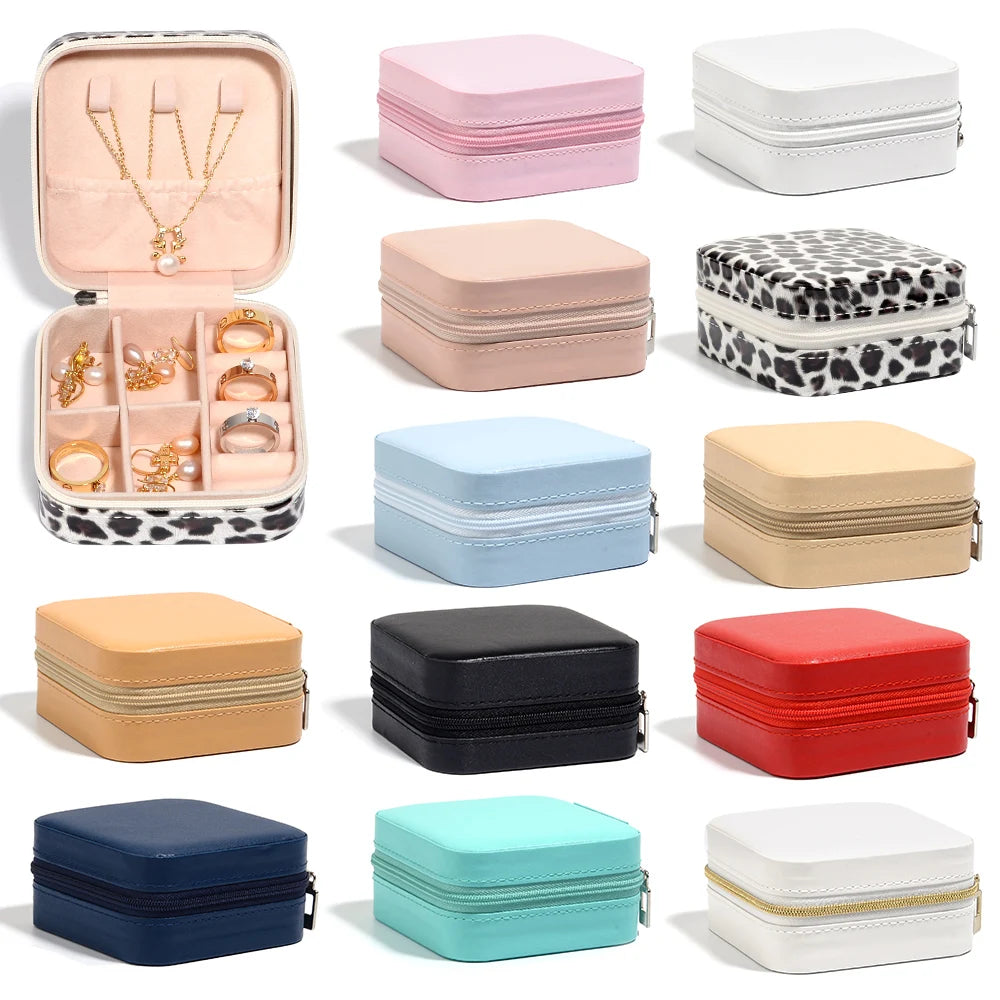 Square PU Leather Zipper Jewelry Box – Travel Organizer Pouch Jewelry Storage Box PLUSH