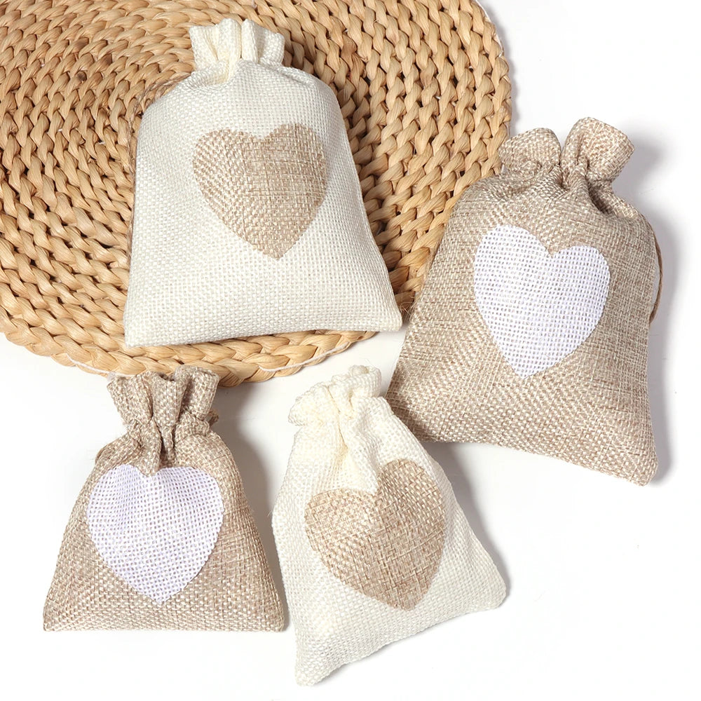 5pcs Heart Burlap Drawstring Gift Bags – Jute Wedding Pouches Burlap Gift Bags PLUSH